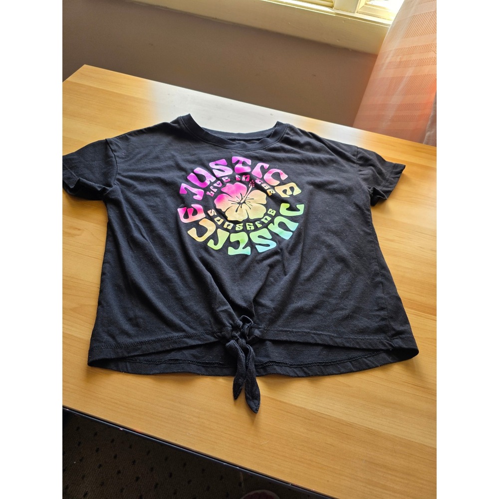 Justice Girls Black Live in the Sunshine Rainbow Hibiscus Tie Front Tee S 7/8